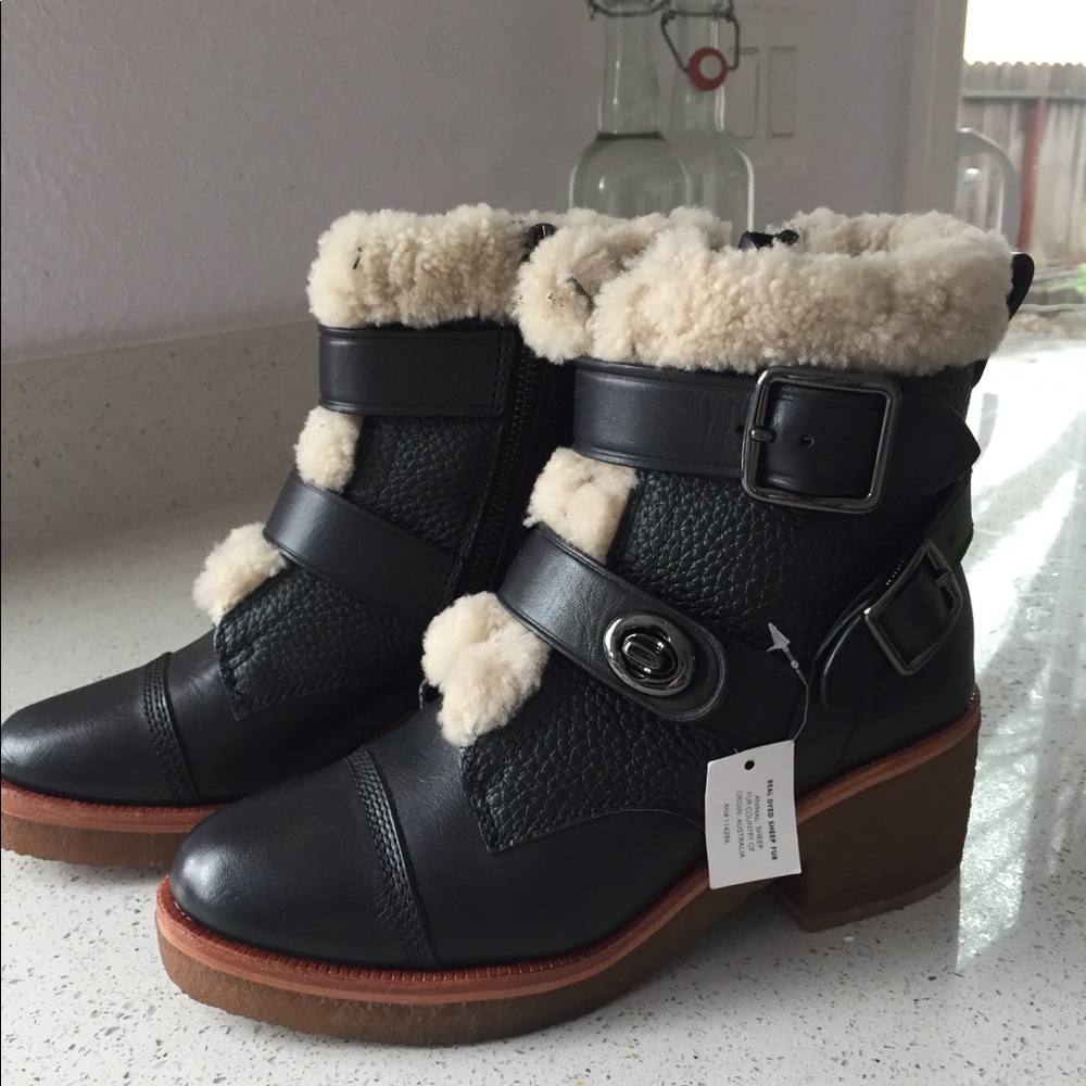 COACH Women's Brown Preston Shearling Moto Booties